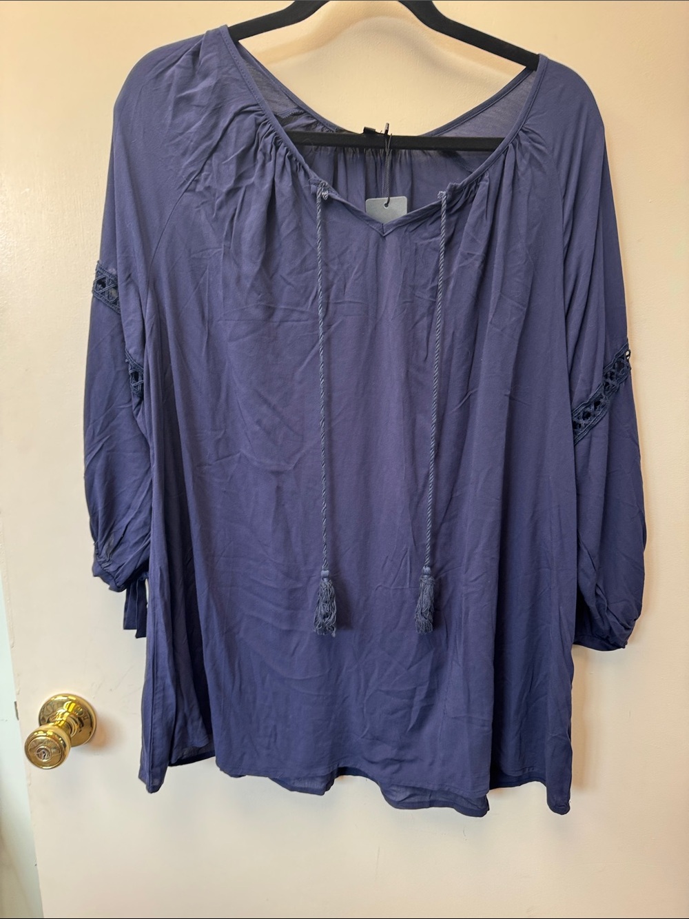 Relaxed Tie-Neck Peasant Tunic in Indigo